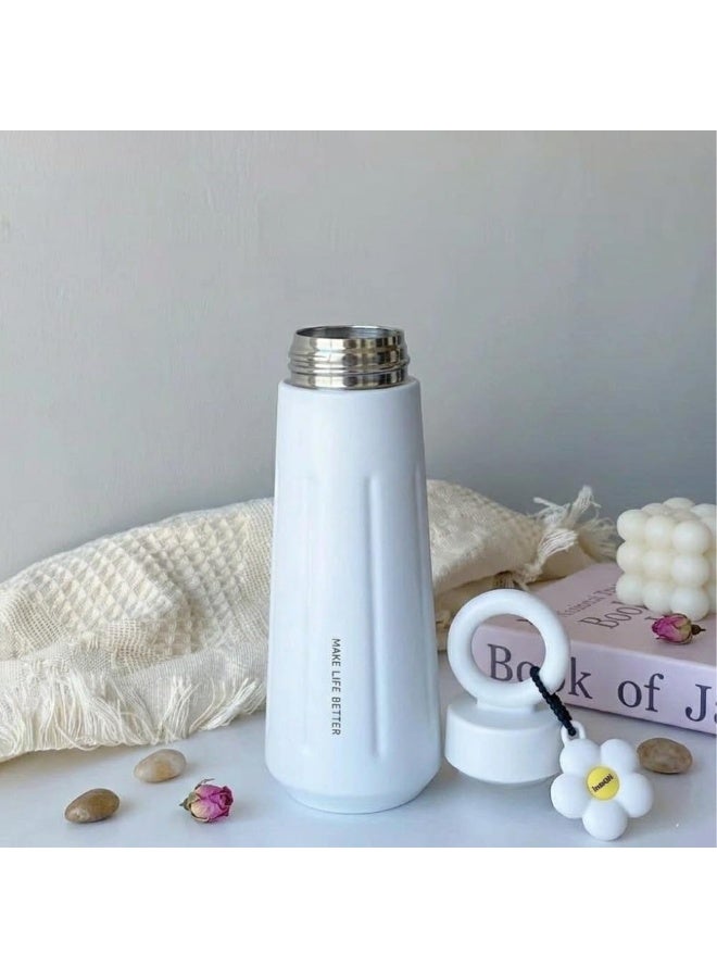 Stainless Steel Water Bottle 450ml with Flower Charm & Ring Lid | Leakproof Insulated Metal Bottle for Kids & Adults | Reusable Travel Bottle for School, Office, Gym (White) - Image 3