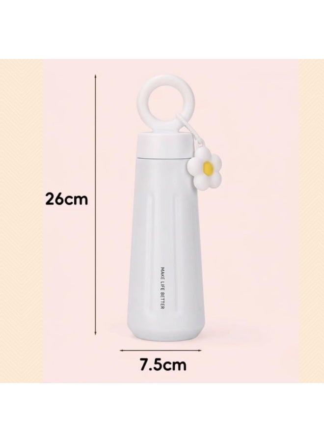 Stainless Steel Water Bottle 450ml with Flower Charm & Ring Lid | Leakproof Insulated Metal Bottle for Kids & Adults | Reusable Travel Bottle for School, Office, Gym (White) - Image 2