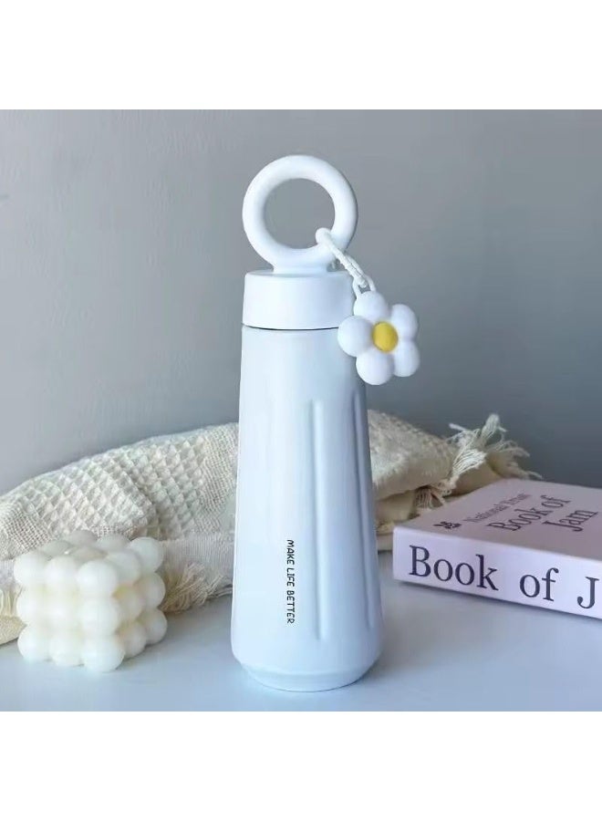 Stainless Steel Water Bottle 450ml with Flower Charm & Ring Lid | Leakproof Insulated Metal Bottle for Kids & Adults | Reusable Travel Bottle for School, Office, Gym (White) - Image 4