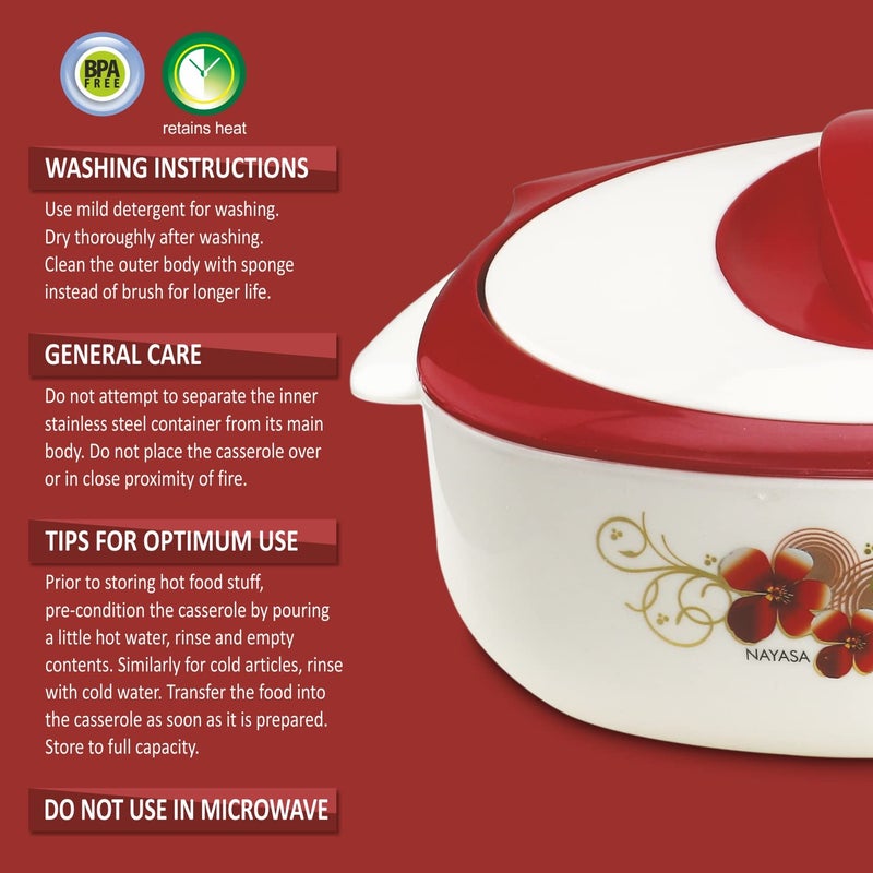 NAYASA Nayasa Desire Casserole Gift Set | 800, 1200, 1800 ML | Chapati Box | Serving Bowl with Lid | PU Insulated | BPA Free | Odour Proof | Food Grade | Easy to Carry And Store | Serving Casserole | Red  - Image 3