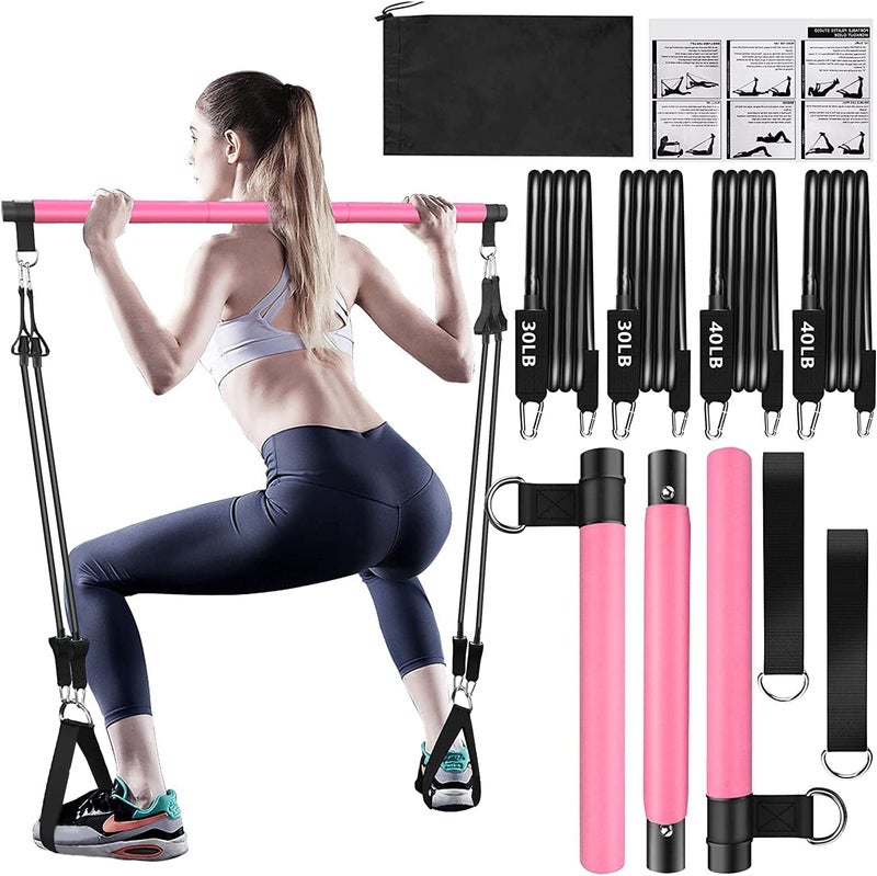 Bbtops Pilates Bar Kit with Resistance Bands(4 x Bands),3-Section Pilates Bar with Stackable Bands Workout Equipment for Legs,Hip,Waist and Arm (Pink30lbs,40lbs) - Image 1