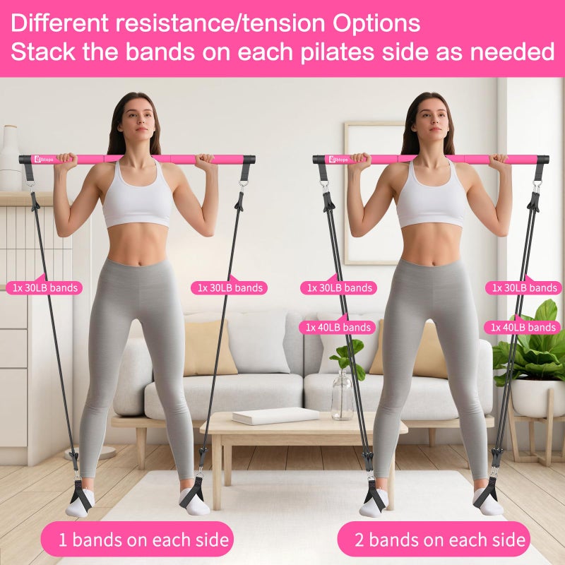Bbtops Pilates Bar Kit with Resistance Bands(4 x Bands),3-Section Pilates Bar with Stackable Bands Workout Equipment for Legs,Hip,Waist and Arm (Pink30lbs,40lbs) - Image 2