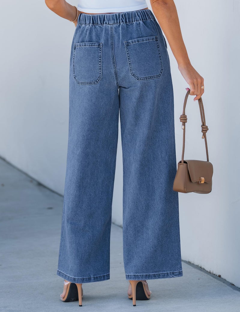 luvamia Wide Leg Jeans Woman High Waisted Trendy Pull On Elastic Waist Drawstring Stretchy Denim Jean Pants with Pockets Womens Distressed Jeans Medium Blue XX-Large Fits Size 20 Size 22 - Image 2