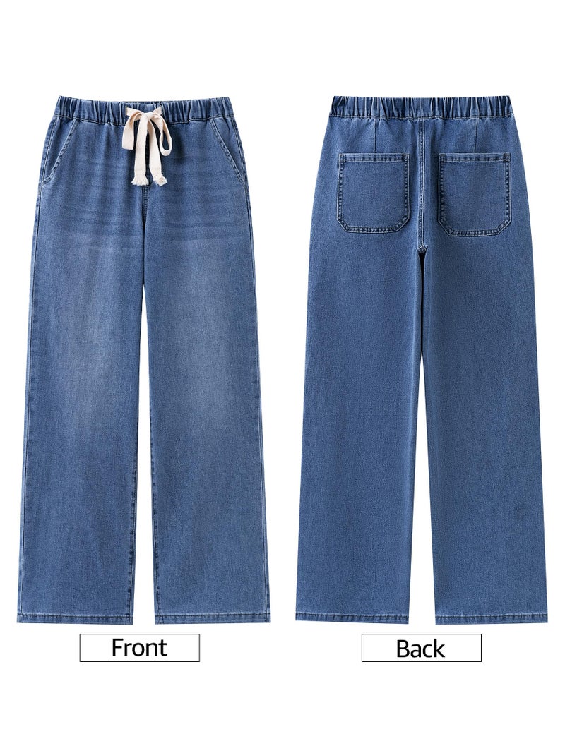 luvamia Wide Leg Jeans Woman High Waisted Trendy Pull On Elastic Waist Drawstring Stretchy Denim Jean Pants with Pockets Womens Distressed Jeans Medium Blue XX-Large Fits Size 20 Size 22 - Image 5