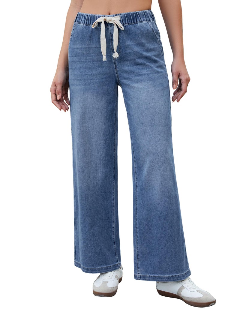 luvamia Wide Leg Jeans Woman High Waisted Trendy Pull On Elastic Waist Drawstring Stretchy Denim Jean Pants with Pockets Womens Distressed Jeans Medium Blue XX-Large Fits Size 20 Size 22 - Image 1
