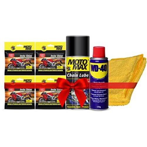 Motomax Bike Care Kit with Microfiber Cloth - Clean, Protects and Shines Interiors/Exterior of Bike, Motorcyles : Includes Chain Lubricant, Instashine, WD 40 and Microfibre Cloth Combo - Image 1