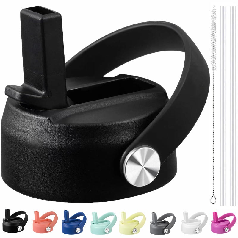 KMN غطاء قش لزجاجة هايدروفلاسک | أغطية مع قشة لزجاجات هايدروفلاسک 12 16 18 20 32 40 أونصة ذات فم واسع | غطاء بديل لملحقات زجاجة الماء | أسود خالي من BPA - Image 1