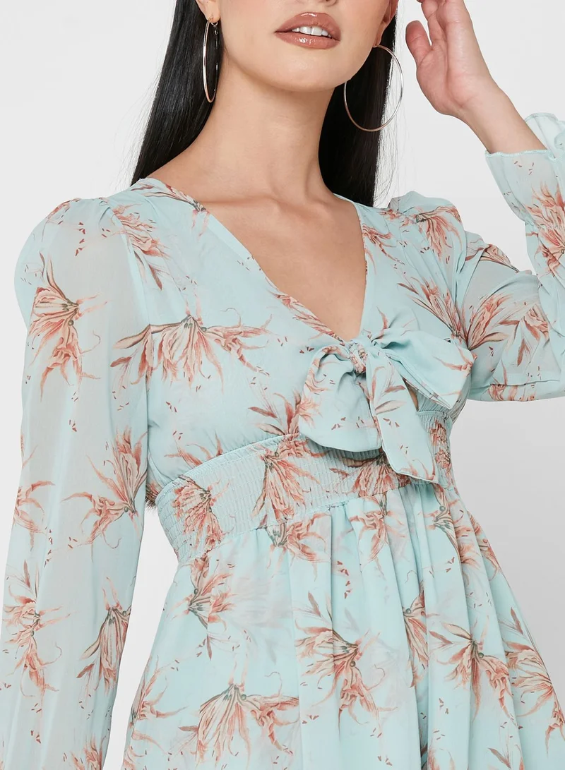 ELLA Cuff Sleeve Plunge Tie Neck Printed Dress