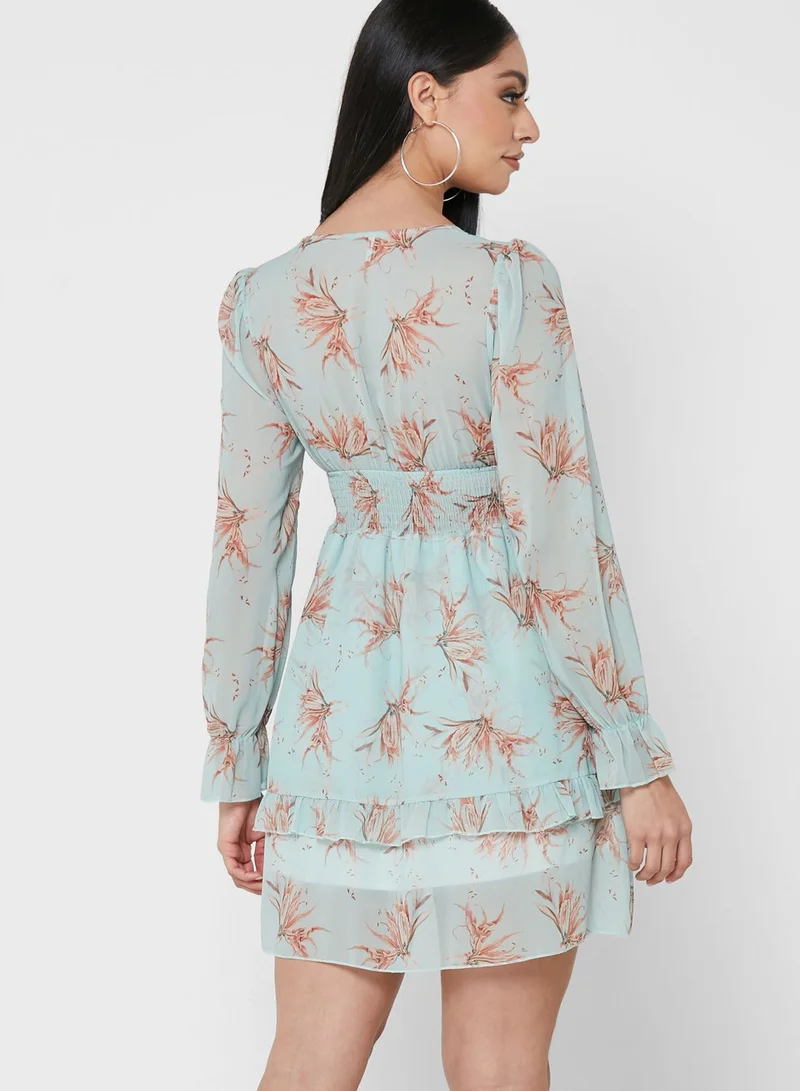 ELLA Cuff Sleeve Plunge Tie Neck Printed Dress