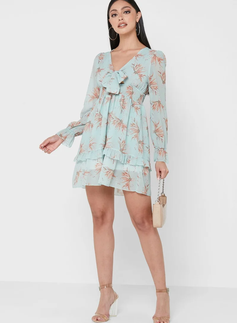 ELLA Cuff Sleeve Plunge Tie Neck Printed Dress