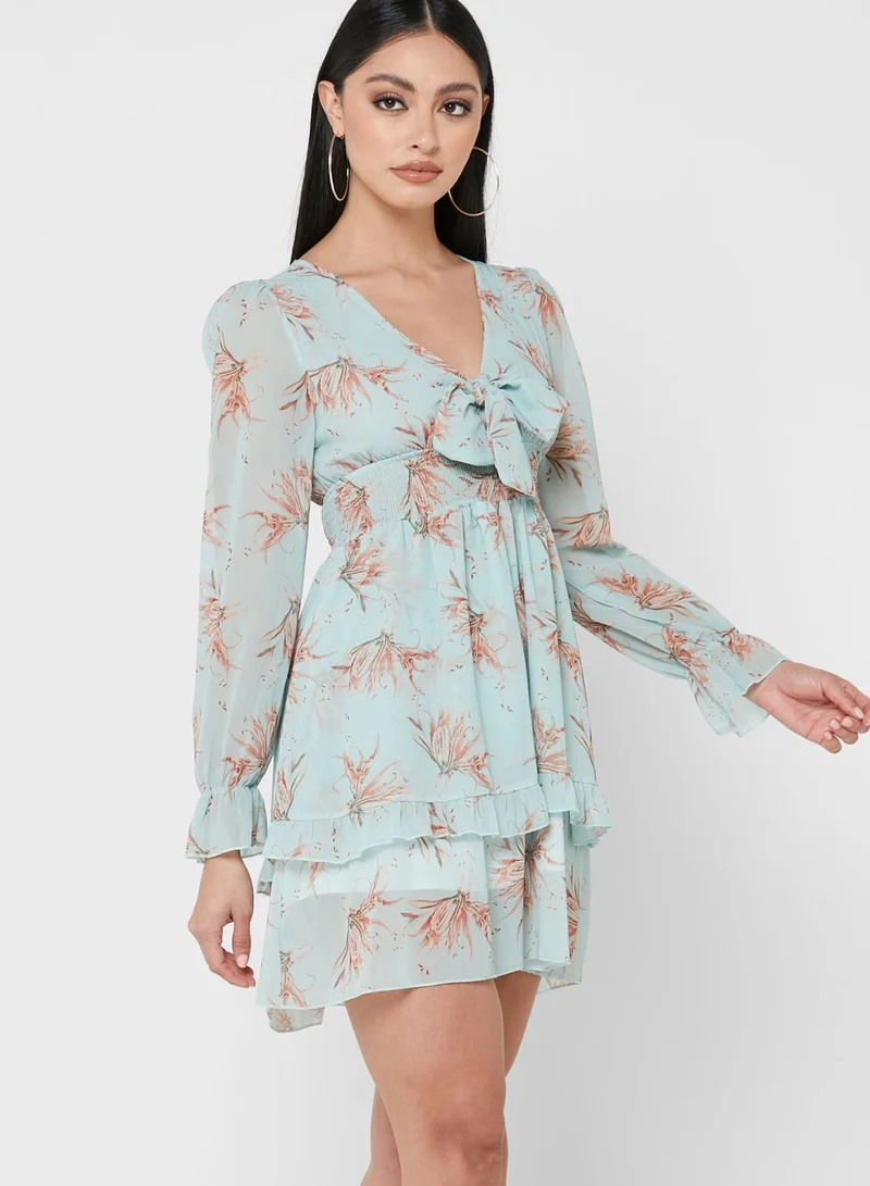 ELLA Cuff Sleeve Plunge Tie Neck Printed Dress