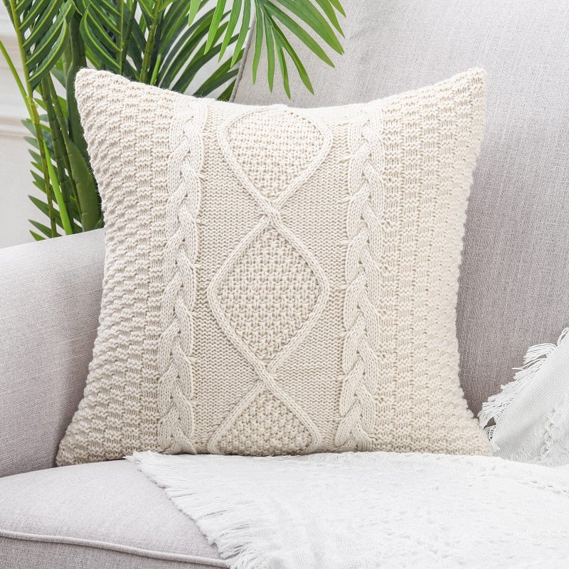 MANDIOO Cotton Knitted Beige Decorative Throw Pillow Covers Soft Cozy Outdoor Cushion Cases Luxury Modern Pillowcases for Couch Sofa Bed 20x20 Inches