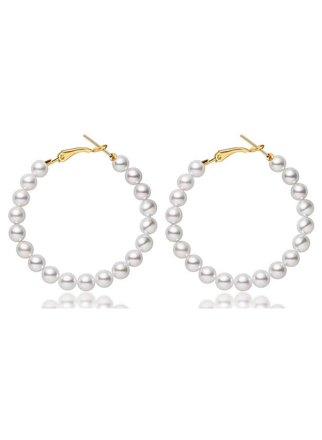 RONLLNA Pearl Hoop Earrings For Women Fashion Dangle Hypoallergenic Layer Earrings Drop Dangle Earrings Gifts For Women (Pearl Hoop) - Image 1