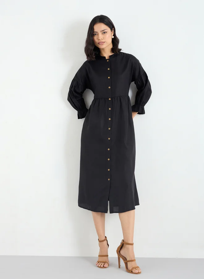Styli Styli Black Buttoned Midi Dress with 3/4 Sleeves
