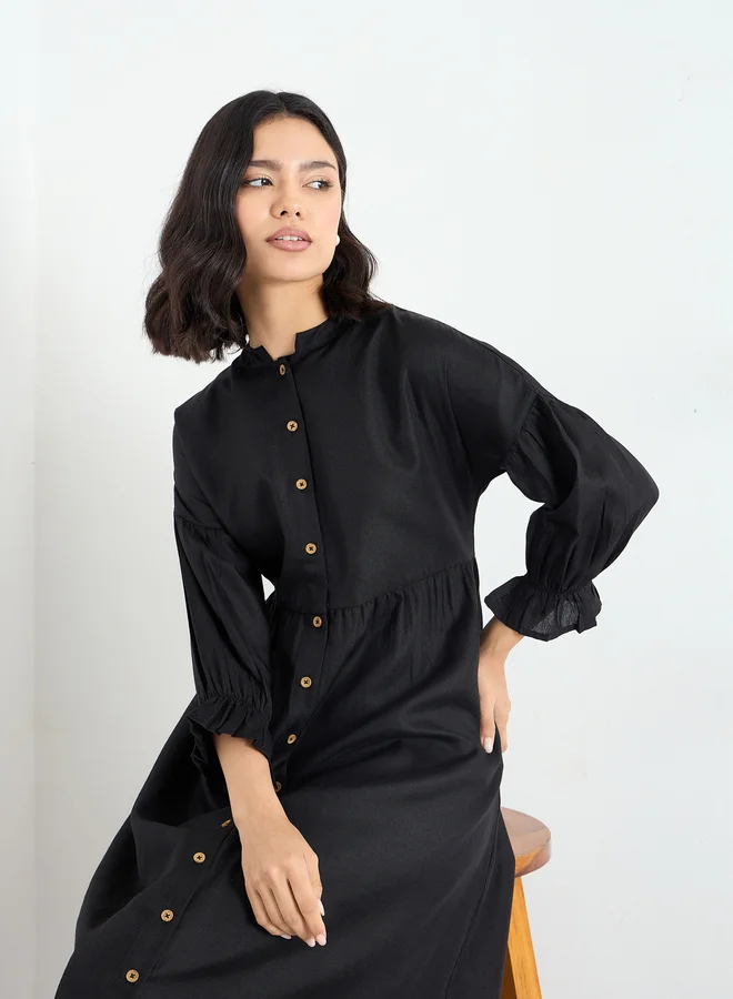 Styli Styli Black Buttoned Midi Dress with 3/4 Sleeves
