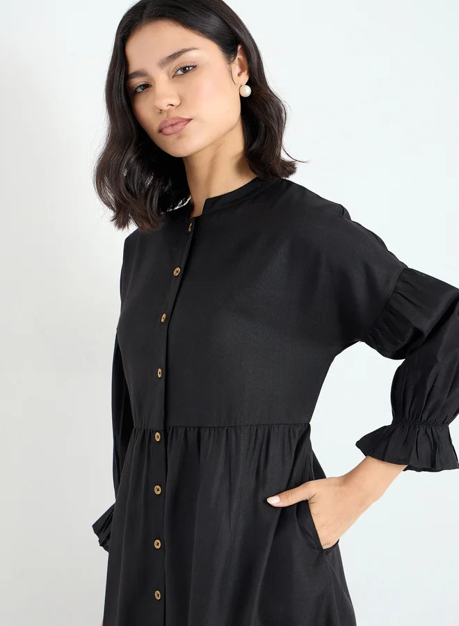 Styli Styli Black Buttoned Midi Dress with 3/4 Sleeves