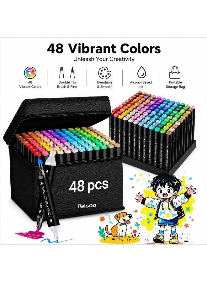 Twisoo Dual Tip Art Markers with Carrying Case – Odorless & Non-Toxic Twin Head Permanent Colouring Marker Pens for Kids, Adults & Beginners for Painting, Sketching, Drawing, Calligraphy (48 Pcs) - Image 1
