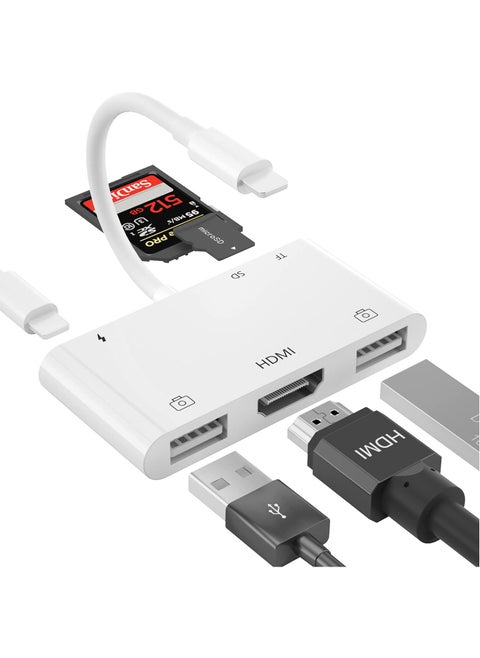 HDMI OTG Adapter, HDMI USB Hub, 6-in-1 Lighting to HDMI Digital AV Converter, TF SD Card Reader, USB Camera Adapter, Power Delivery Compatible with Phone, Pad, Support MIDI Keyboard, Projector