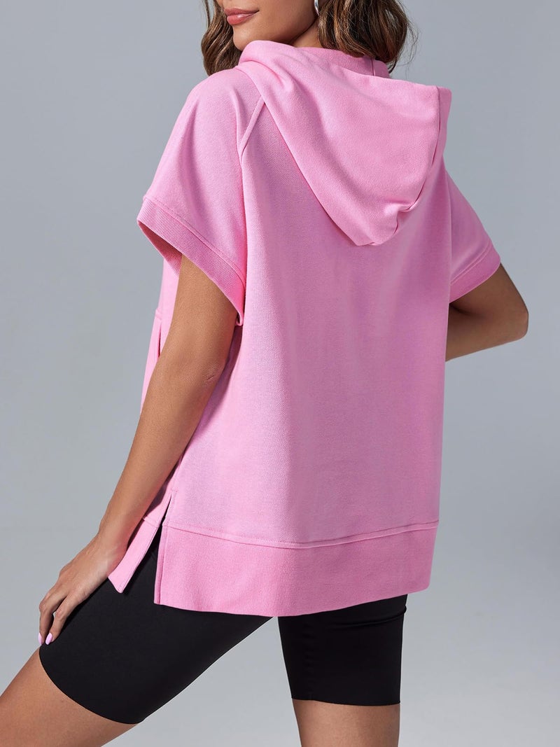 Fisoew Womens Oversized Half Zip Hoodies Short Sleeve Casual Sweatshirts Pullover Tops with Pockets Pink - Image 2
