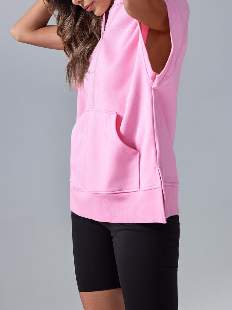 Fisoew Womens Oversized Half Zip Hoodies Short Sleeve Casual Sweatshirts Pullover Tops with Pockets Pink - Image 4