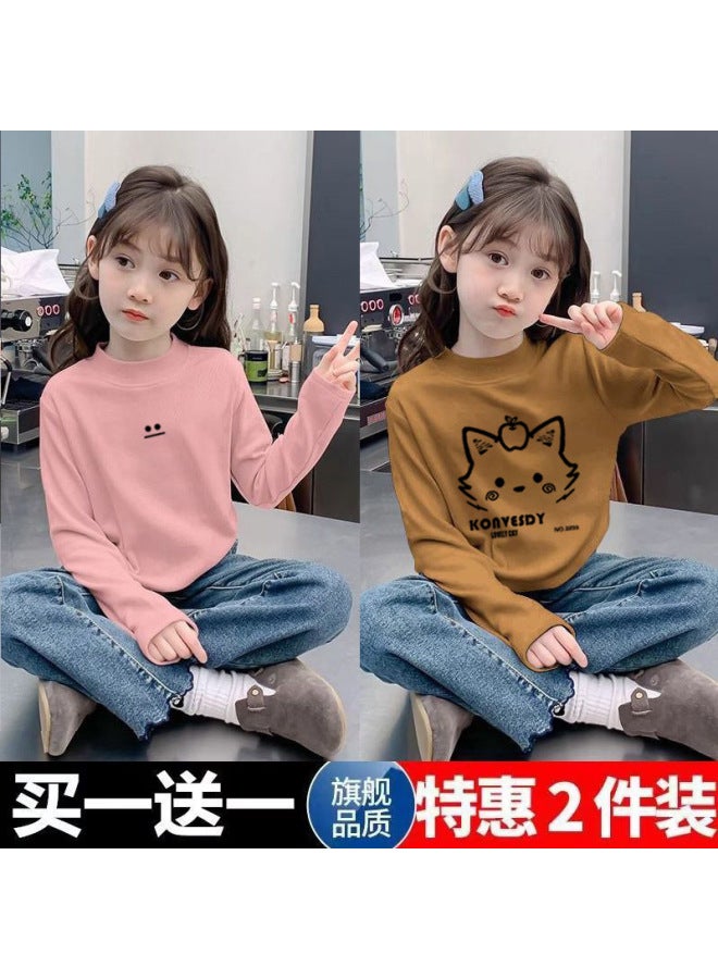Girls' Double-sided Velvet Long-sleeved T-shirt New Medium And Large Children's Outer Wear Pullover Half Turtleneck Warm Base Layer Shirt