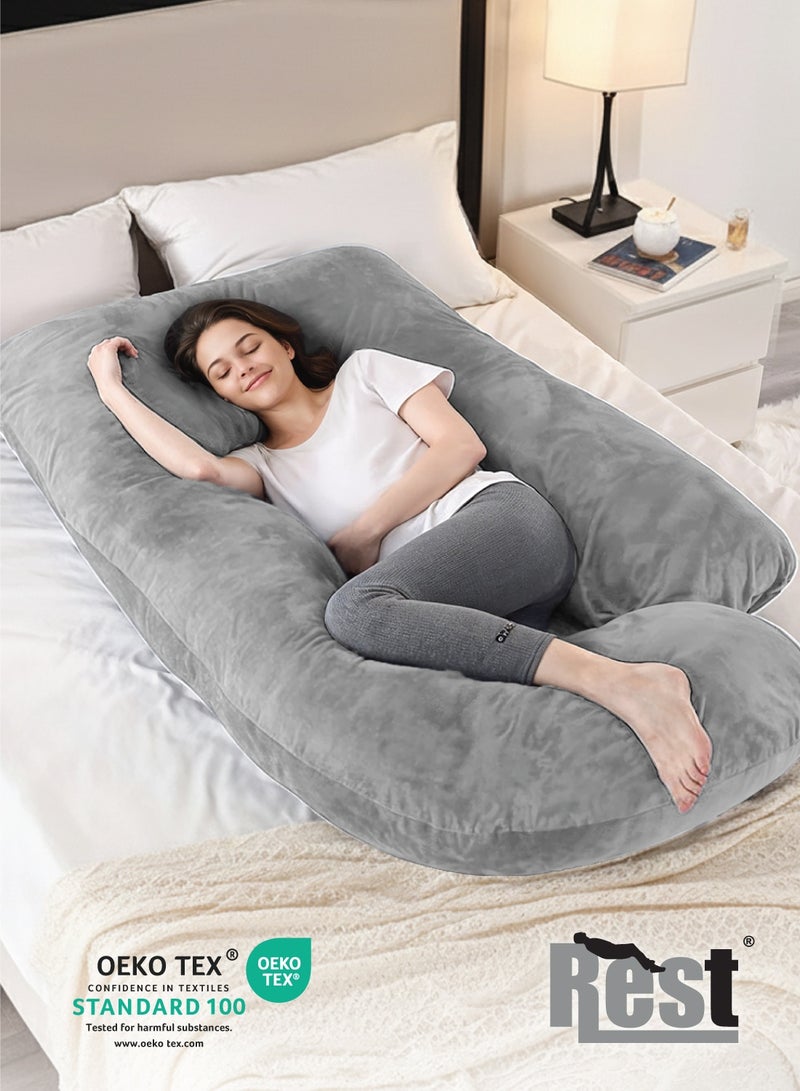 Rest Premium Velvet G Shaped Pregnancy Pillow 70x140cm Maternity Full Body Pillow For Pregnant Women for Back , Hip , Neck and Knee Support with Removal Cover , Grey - Image 2
