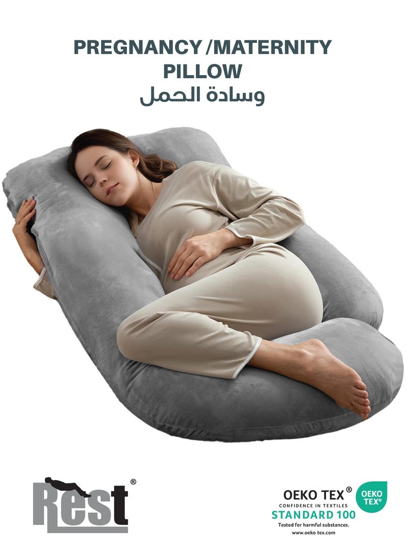 Rest Premium Velvet G Shaped Pregnancy Pillow 70x140cm Maternity Full Body Pillow For Pregnant Women for Back , Hip , Neck and Knee Support with Removal Cover , Grey - Image 1