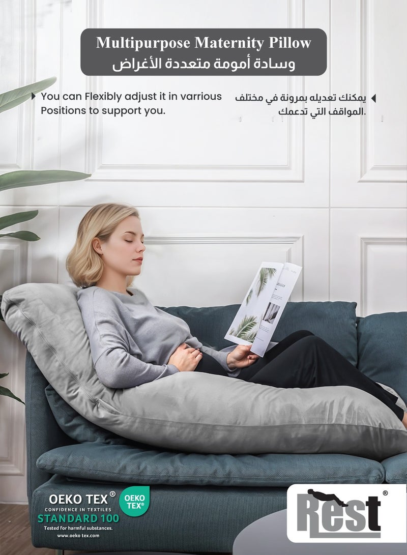 Rest Premium Velvet G Shaped Pregnancy Pillow 70x140cm Maternity Full Body Pillow For Pregnant Women for Back , Hip , Neck and Knee Support with Removal Cover , Grey - Image 4