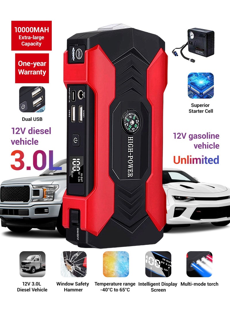 Dansent 10000mAh Jump Starter Emergency Power Supply Car Battery Ignition Starter Jump Starter 12V Vehicle Emergency Starter with Compressor - Image 1