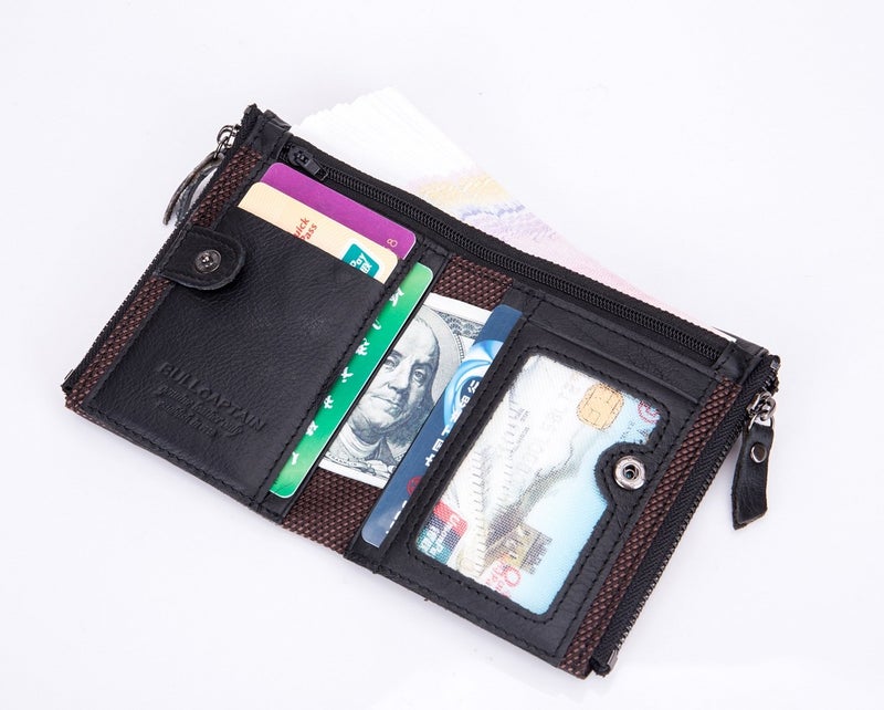 BULLCAPTAIN Genuine Leather Wallet for Men Vintage Bifold with Double Zipper Pockets (Black) - Image 5