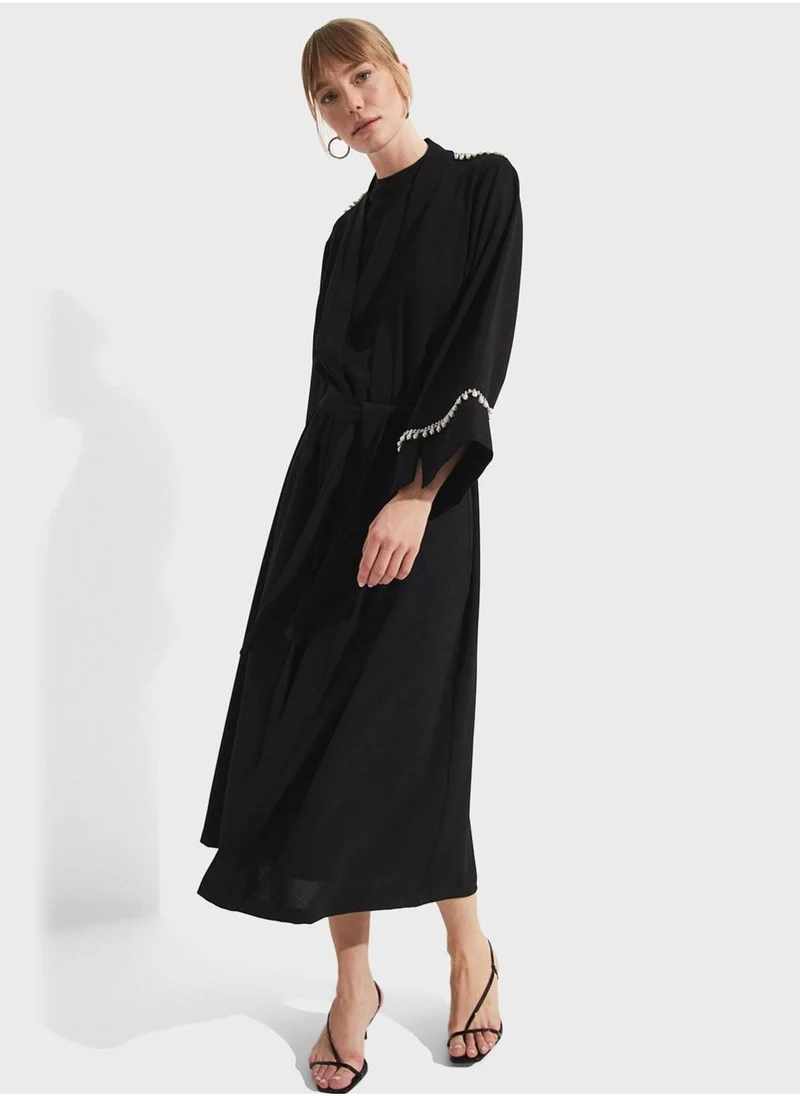 JUNE Embellished Tiered Belted Dress
