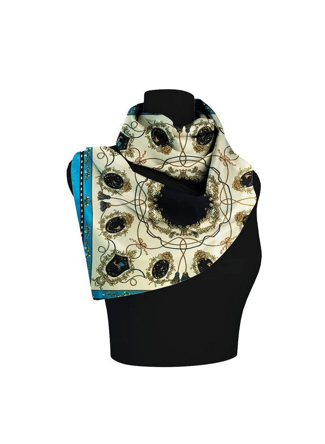 Threads & Yarn Scarf for Women Square Satin Silk Like Fashion Accessory Scarves Hijab Wraps Headscarf Size 90 x 90 cms (Teal Blue_Ivory) - Image 2