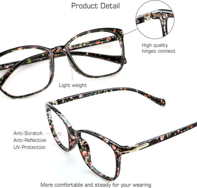 VisionGlobal Blue Light Blocking Glasses for Women, Anti Eyestrain, Computer Reading, TV Glasses, Stylish Square Frame, Anti Glare(Floral,+1.75 Magnification) - Image 2