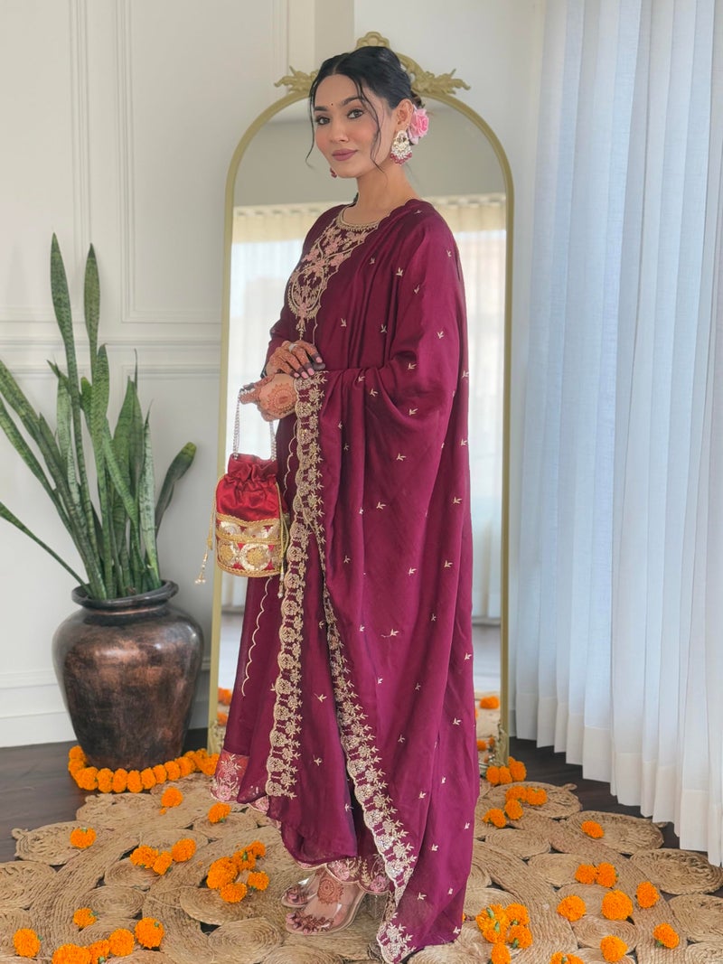 Naixa Women's Wine Vichitra Silk Embroidered A-Line Kurta with Rayon Pant and Vichitra Silk Embroidered Dupatta Sets (NX-656-Wine-L) - Image 3