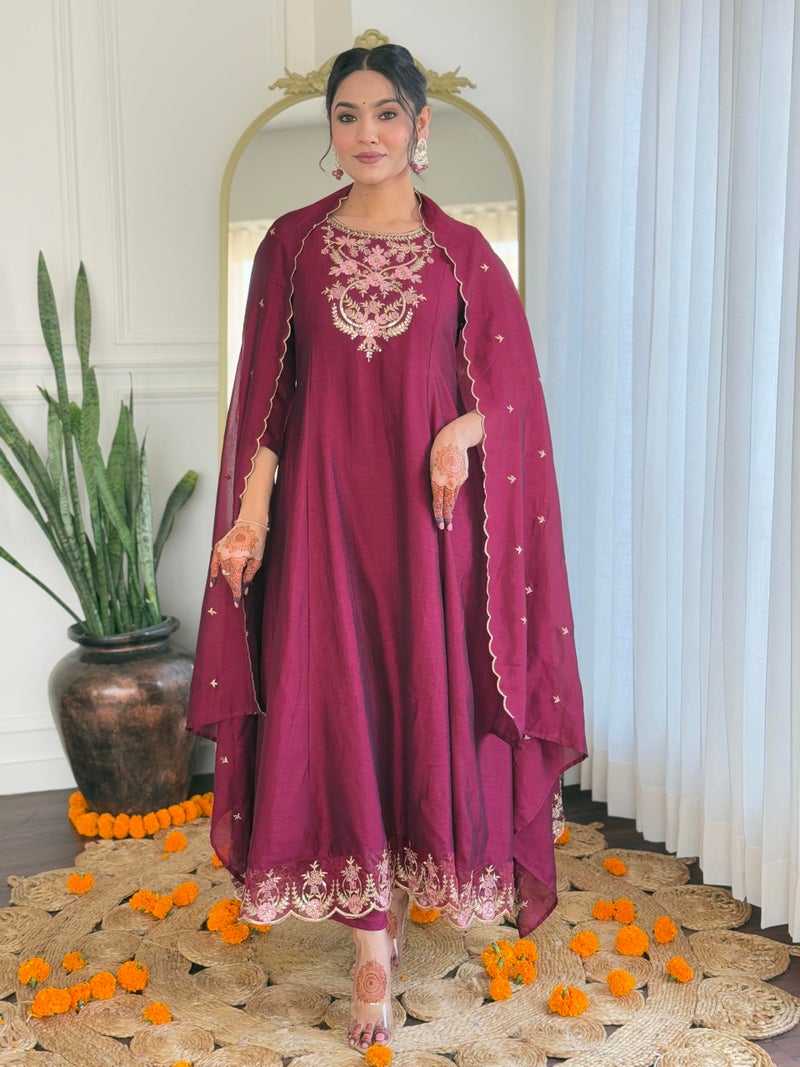 Naixa Women's Wine Vichitra Silk Embroidered A-Line Kurta with Rayon Pant and Vichitra Silk Embroidered Dupatta Sets (NX-656-Wine-L) - Image 2