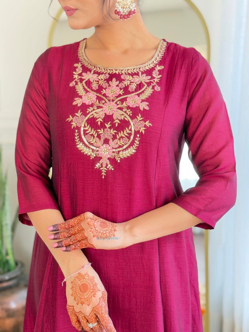 Naixa Women's Wine Vichitra Silk Embroidered A-Line Kurta with Rayon Pant and Vichitra Silk Embroidered Dupatta Sets (NX-656-Wine-L) - Image 5