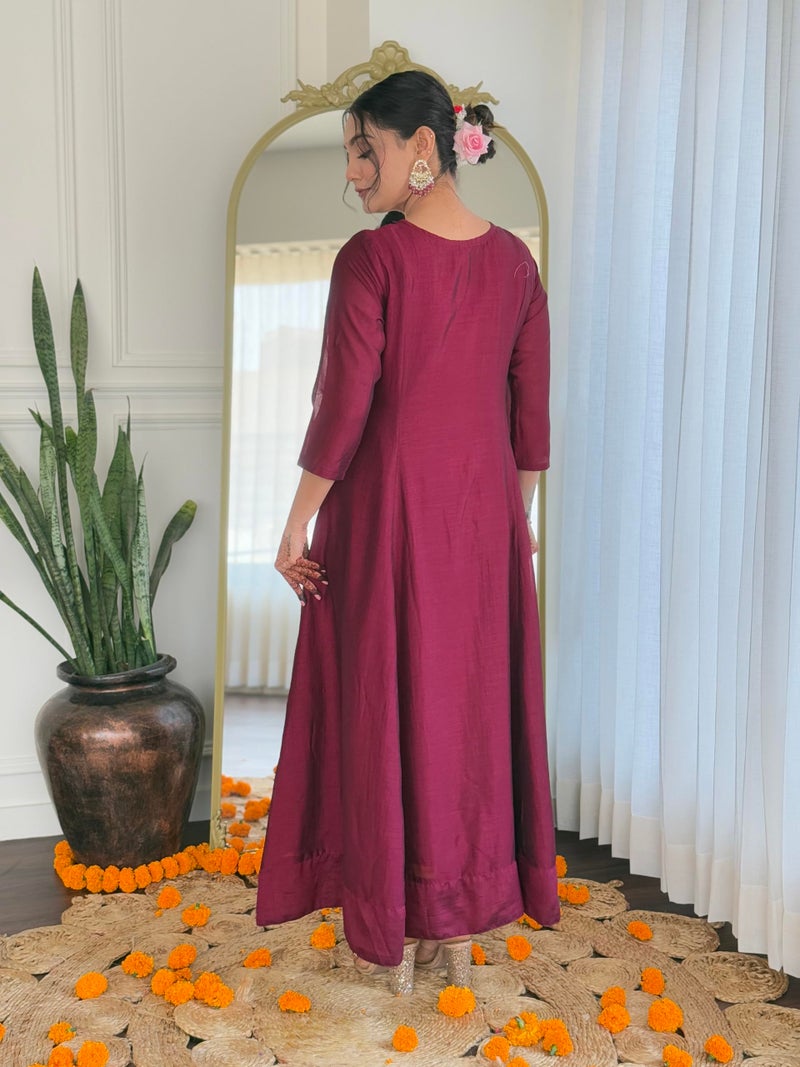 Naixa Women's Wine Vichitra Silk Embroidered A-Line Kurta with Rayon Pant and Vichitra Silk Embroidered Dupatta Sets (NX-656-Wine-L) - Image 4