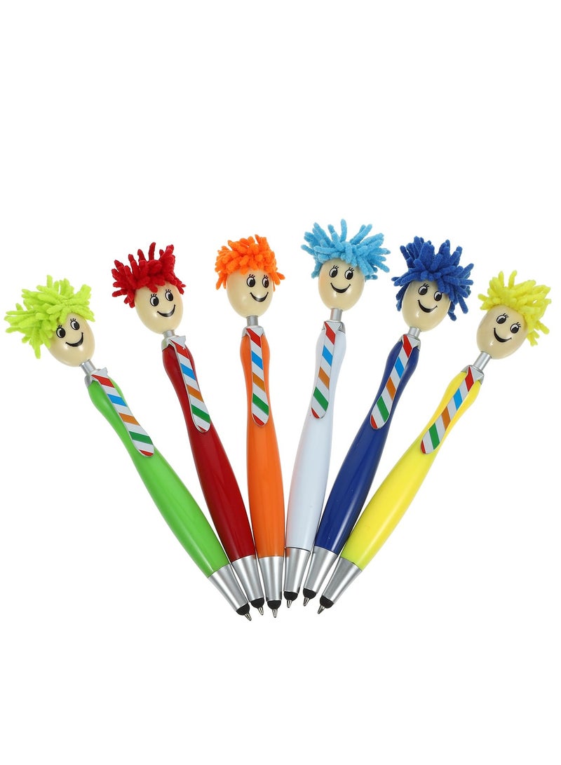 6pcs Mop Head Pens, Plush Hair Mop Head Pen Colorful Mophead Click Pens Cartoon Students Writing Pen Beadable Pens Plastic Ballpoint Pen for Office School - Image 1