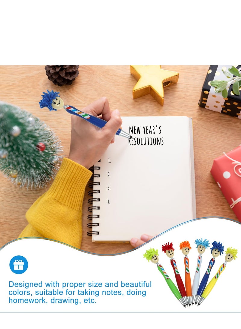 6pcs Mop Head Pens, Plush Hair Mop Head Pen Colorful Mophead Click Pens Cartoon Students Writing Pen Beadable Pens Plastic Ballpoint Pen for Office School - Image 5