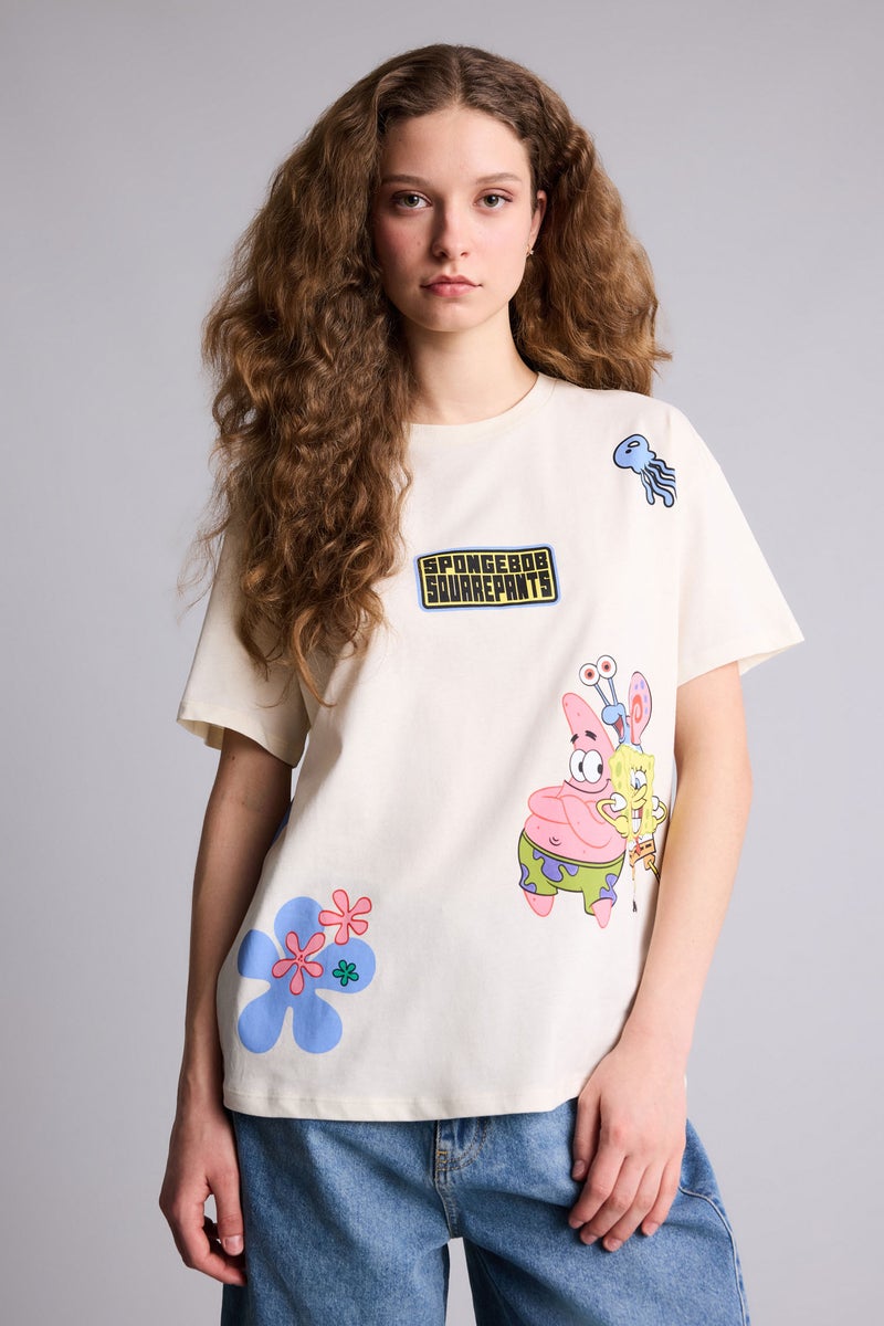 DeFacto Beige Woman SpongeBob Back Print Oversize T-Shirt Casual - Image 3