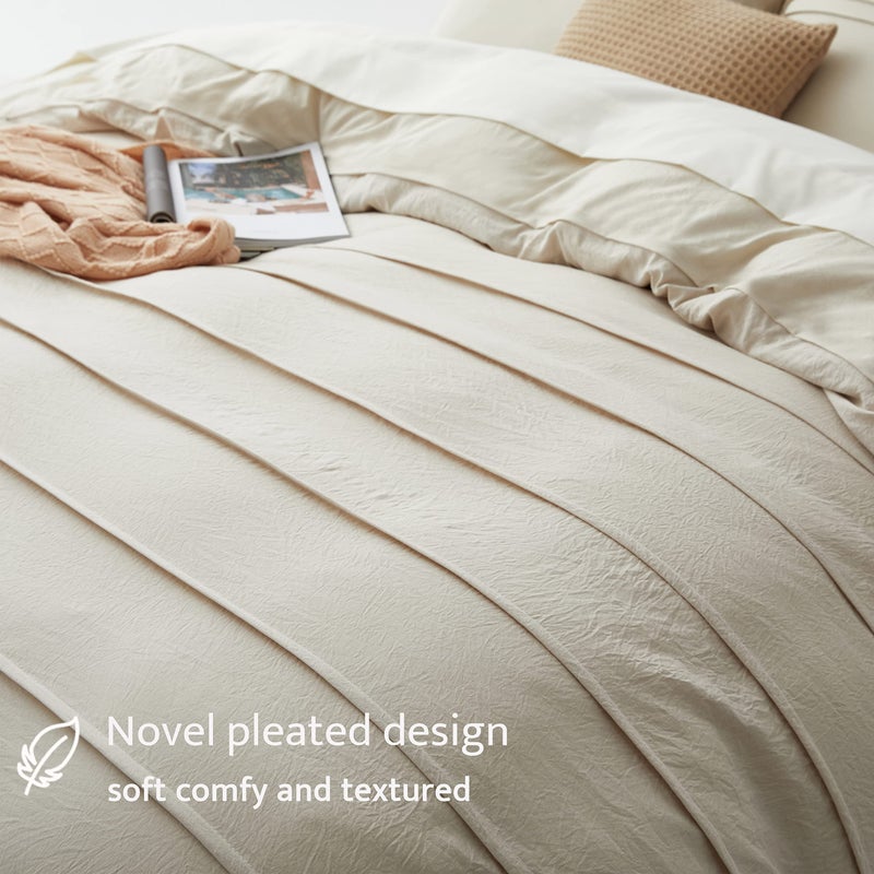 Oli Anderson Beige Duvet Cover Queen Size - Pleated Queen Duvet Cover, 3PCS Soft and Breathable Textured Bedding Set with Zipper Closure(Beige,90"x90") - Image 3