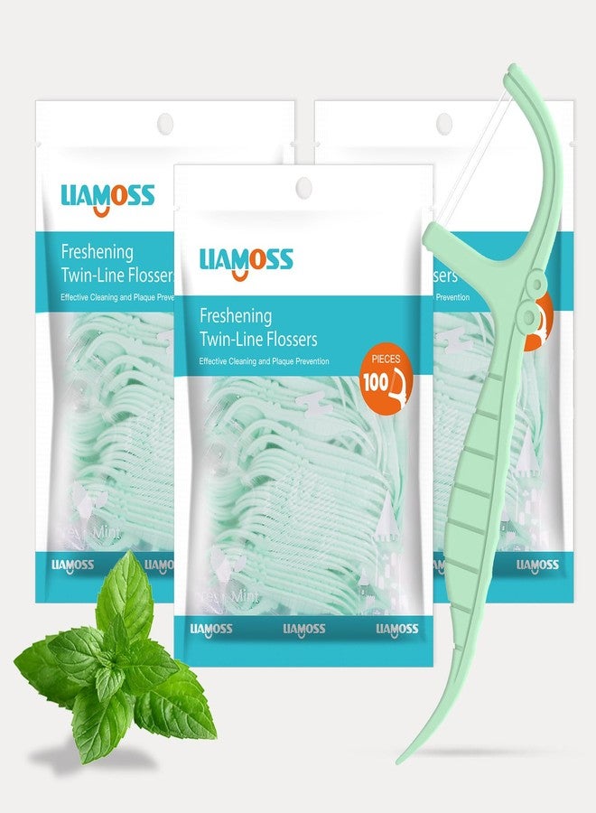 LIAMOSS Twin Line Dental Floss Picks,300 Count Mint Flavor Dental Flossers,No Break No Shred Tooth Picks Sticks,Double Clean for Food Debris,Perfect Clean Teeth for Traveling and Outgoing(Mint,3Pack) - Image 1