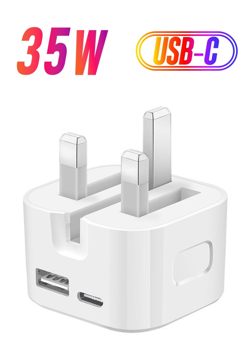 WAIKIL رأس شاحن مزدوج 35 واط USB + Type C للشحن السريع للهواتف المحمولة والأجهزة اللوحية من أبل وأندرويد، شاحن سفر أبيض - Image 1