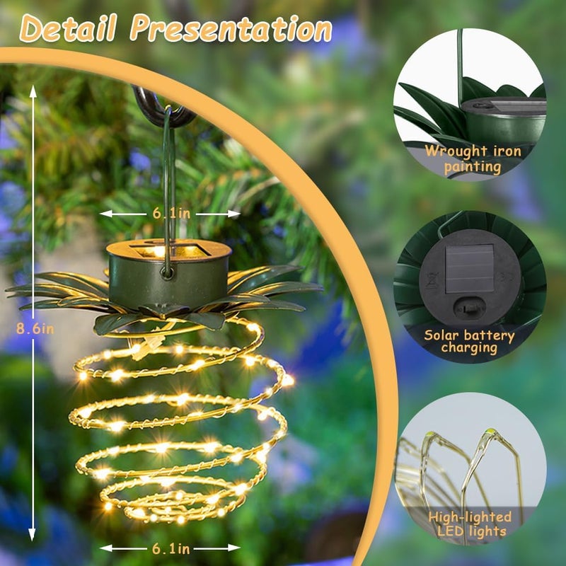 JHPGEOE 2 Pack Outdoor Solar Hanging Lantern Lights - 60LED Waterproof Solar Pineapple Light Outdoor for Garden,Yard Porch Lawn Backyard Landscape Pathway Patio Outside Gardening - Image 3