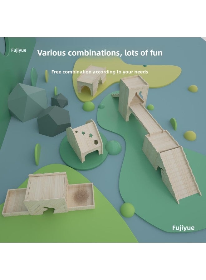 Pet Toys Dwarf Rabbit Wooden Castle Tunnel Boredom Shelter House Supplies Furniture Nest Chinchilla Unpainted Staircase-Color:Package 6  - Image 3