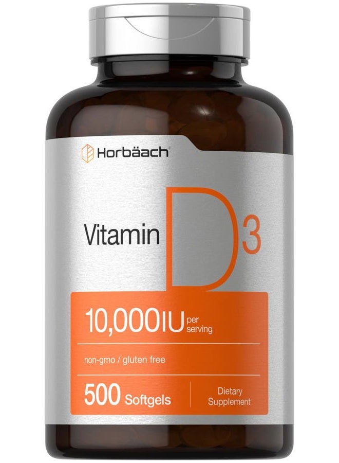 Horbäach Vitamin D3 10000 IU | 500 Softgels | Non-GMO, Gluten Free Supplement | Value Size | 250mcg | High Potency Formula - Image 1