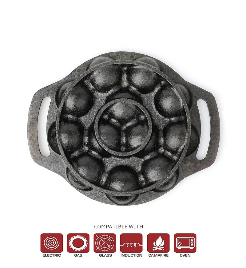 ROSTON Cast Iron Paniyaram Appam Pan Appe Ponganalu Pan Chatti Appam Maker Cast Iron Induction Base Black 12 Cups - Image 3