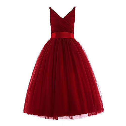 Glamulice Burgundy Flower Girls Lace Bridesmaid Dress Long A Line Wedding Pageant Dresses Tulle Spaghetti Strap Party Gown Fancy Holiday Evening Formal Princess Dance Ball Gown Prom Wine Red 11 12 - Image 2