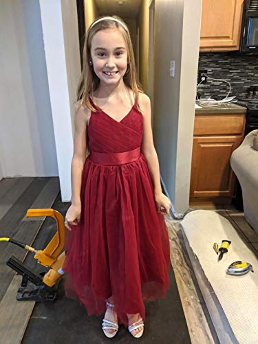 Glamulice Burgundy Flower Girls Lace Bridesmaid Dress Long A Line Wedding Pageant Dresses Tulle Spaghetti Strap Party Gown Fancy Holiday Evening Formal Princess Dance Ball Gown Prom Wine Red 11 12 - Image 4