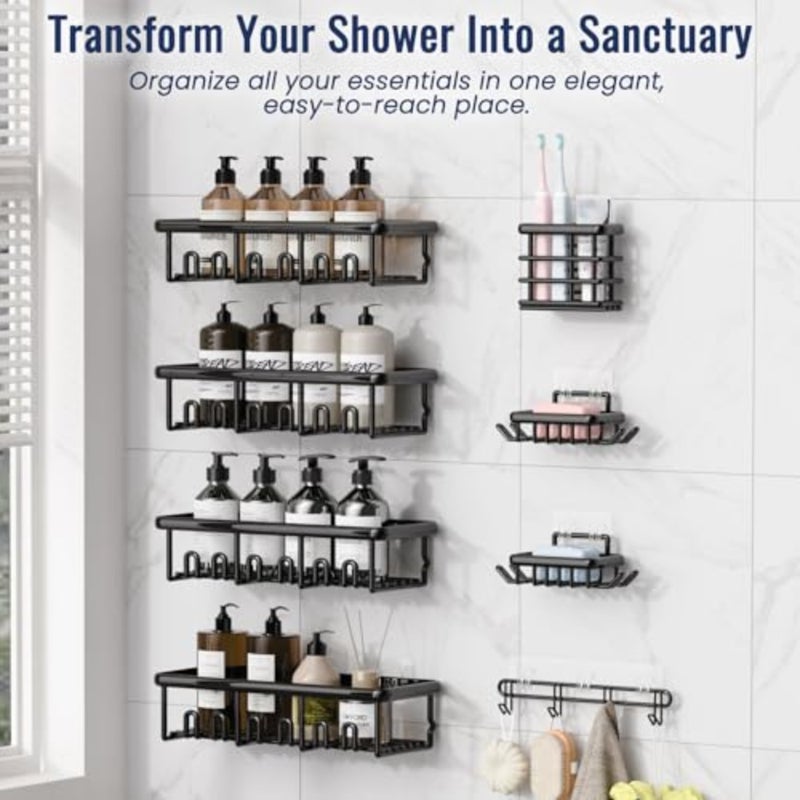 8 Pack Adhesive Rustproof Shower Caddy with Soap Dishes, Toothbrush Holder and Hooks, Large Capacity No-Drilling Shower Shelves Rack for Bathroom Organizers and Storage Accessories - Image 3